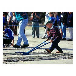 Boys Ploughing match - Young boy ploughing on Sands o Right sandy beach scottish children farmer  photo
 