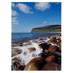 Rackwick - Sea waves splashing stoney boulder rocks beach bay cliffs scotland orkneys  photo 