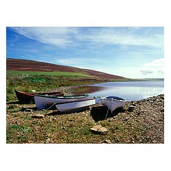 Loch of Swannay - Anglers fishing boats lochside heather hill  photo 