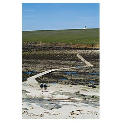 Brough of Birsay - Couple walking over causeway to Birsay lighthouse island  photo 