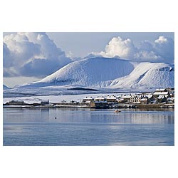 Harbour - Fishingboat leaving harbour winter snow white hills landscape scenery  photo 