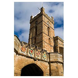 Linlithgow Palace outer gate - Stone carved painted heraldry coat of arms above entrance St Michaels  photo
 